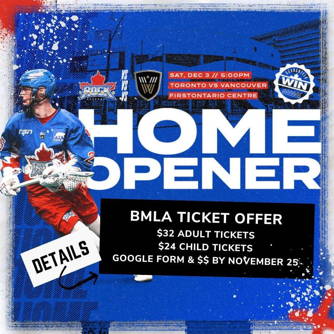 News > BMLA x Toronto Rock Home Opener Tickets (Burlington Minor